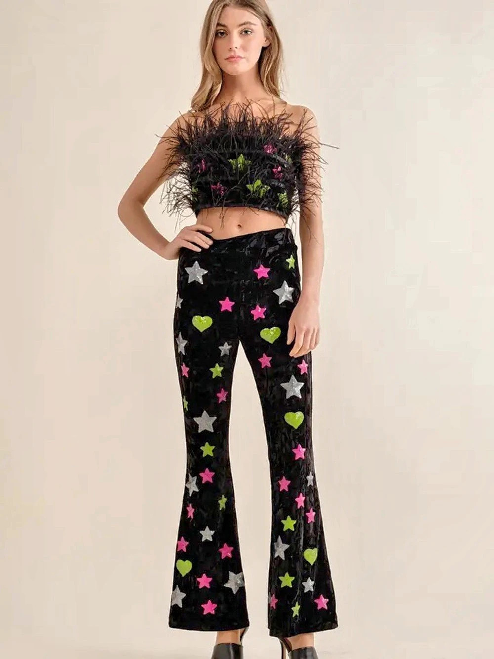 blueb Feather Trim Star Print Set Wide Leg Set in Black Size Small